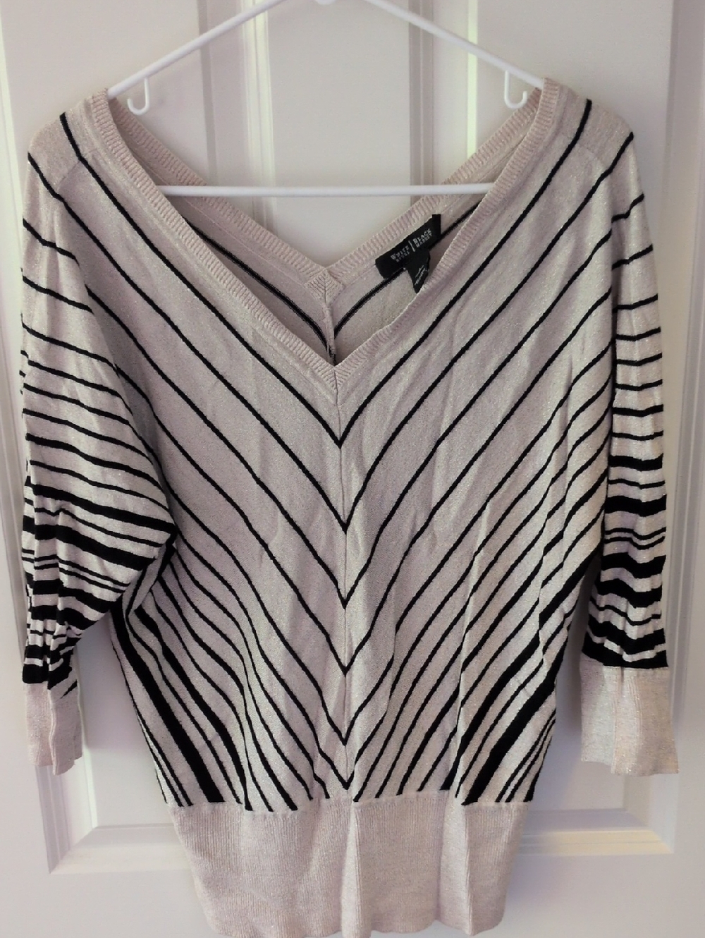 White House Black Market Cream and Black Chevron-Stripe V-Neck Sweater